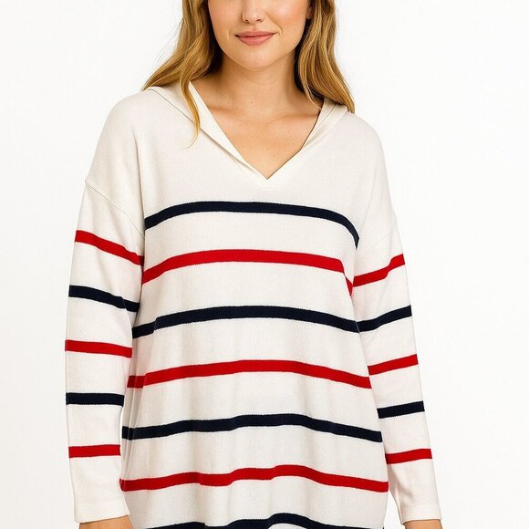 Rachel Zoe Striped Hooded Pullover Sweater Blue Red Knit Women Small Preppy - Picture 1 of 9